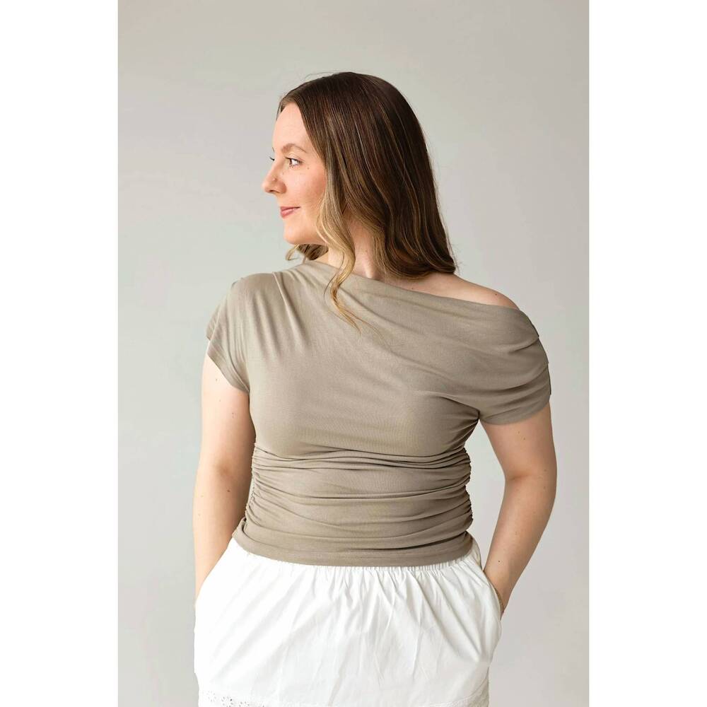 NEW HEM & THREAD olivetta asymmetrical ruched knit top in taupe